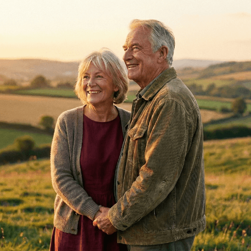 זוג מבוגר מחזיק ידיים בנוף כפרי