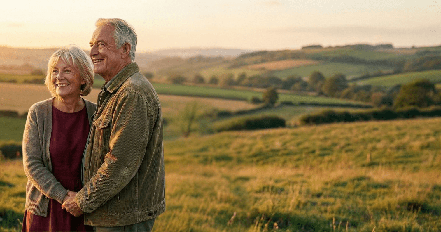 זוג מבוגר מחזיק ידיים בנוף כפרי
